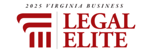 Logo for 2025 Virginia Business: Legal Elite, with a red abstract emblem on the left and 'LEGAL ELITE' in red beside a vertical divider, and '2025 VIRGINIA BUSINESS' in dark gray above.