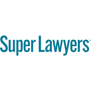 Super Lawyers logo in teal on a black background.